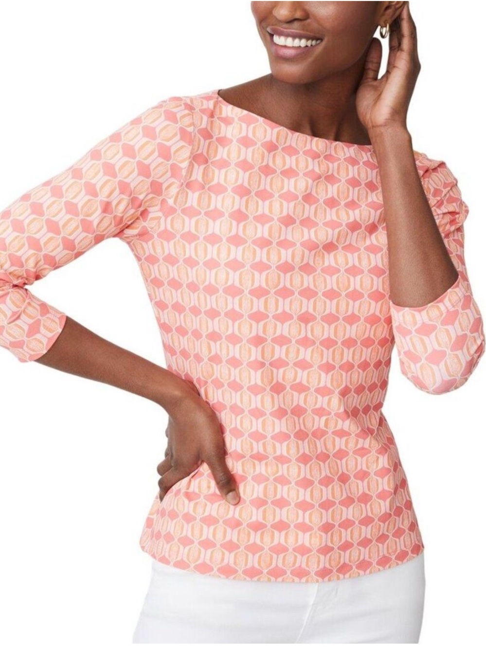 J. McLaughlin Wavesong Geometric Orange Catalina Cloth Boat Neck 3/4 Sleeve Top
